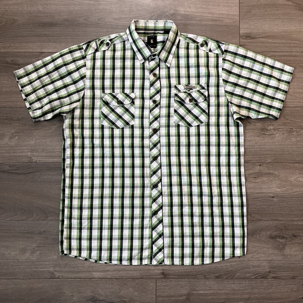 Kani Gold Mens Xl Short Sleeve Button Up Short Green White Black Checker